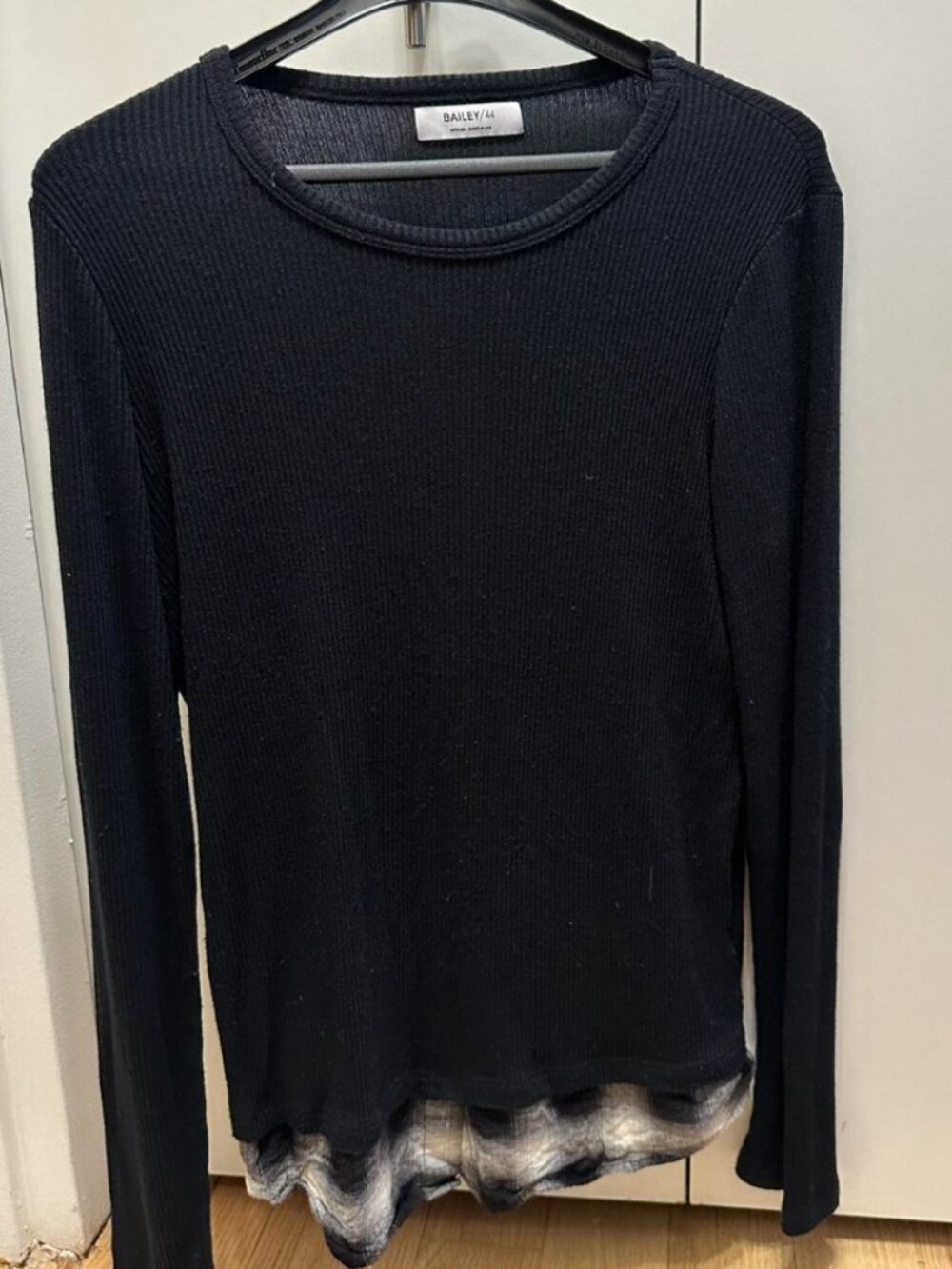 Bailey/44 Black Ribbed Knit Layered Plaid Hem Long Sleeve Top